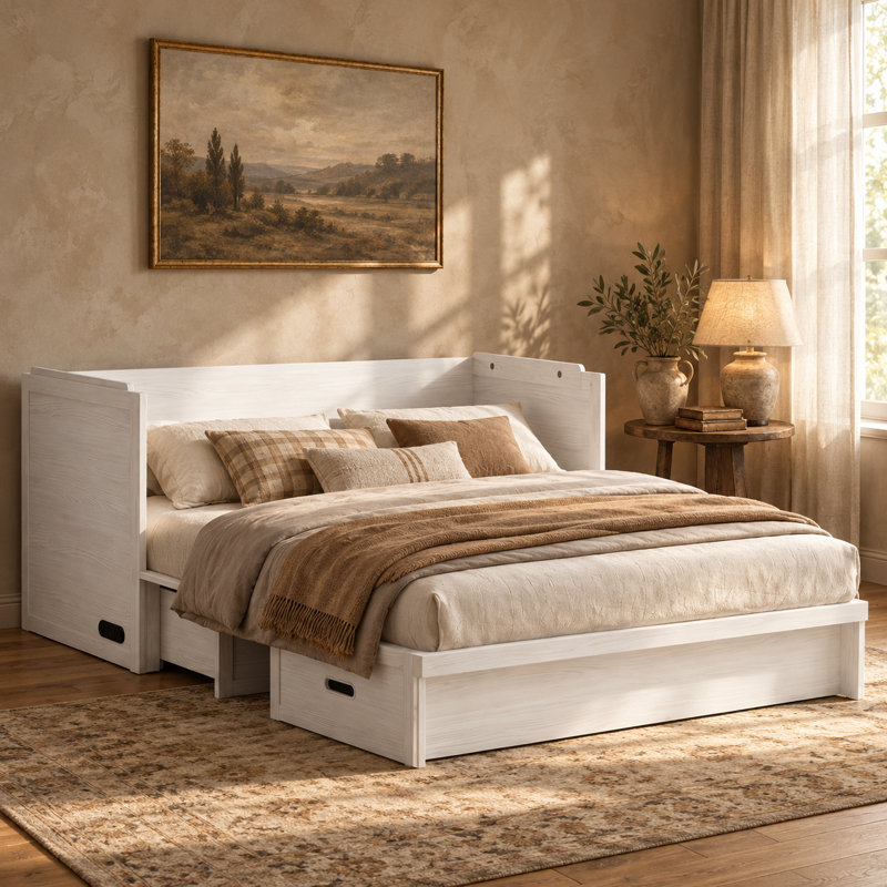 Lit escamotable convertible Queen avec station USB, tiroirs de rangement et matelas, Blanc