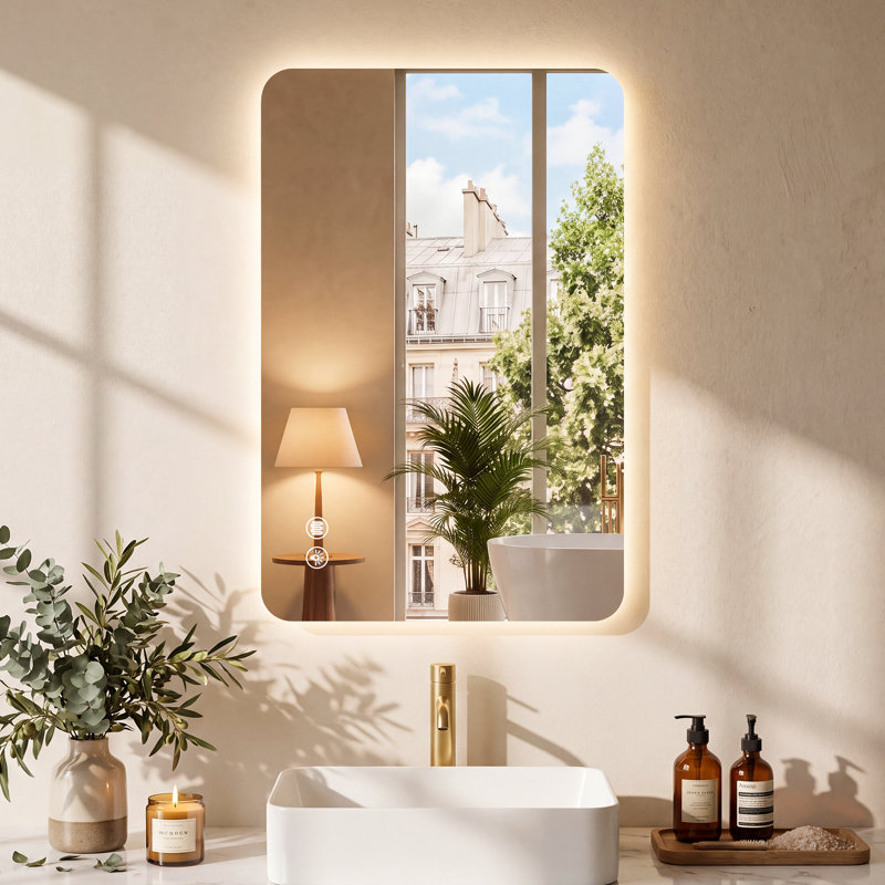 Miroir de salle de bain sans cadre avec éclairage DEL à intensité variable, traitement antibuée, 3 couleurs d'éclairage, fonction mémoire, verre trempé, certifié UL