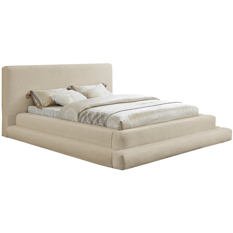 Hoffarth Upholstered Platform Bed, Queen, Beige Faux Shearling Teddy Fabric