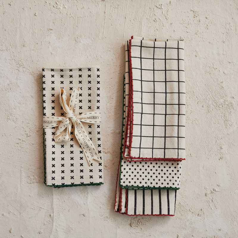 Cotton Printed Napkins With Pattern And Stitched Edge