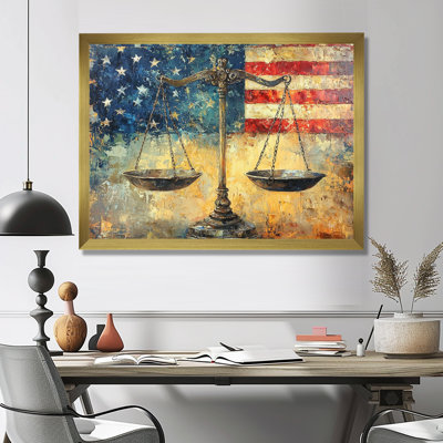 Balance symbolique de la balance de la justice avec drapeau américain I - décoration murale patriotiste des États-Unis