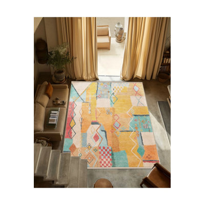 Multicolored Mixed Motif Geometric Patterned Fringed Vintage Decorative Carpet