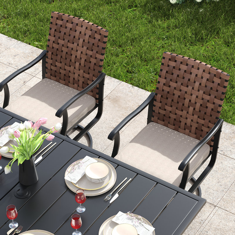 6-Person Rectangular Outdoor Dining Set with Swivel PE Rattan Chairs and Cushions