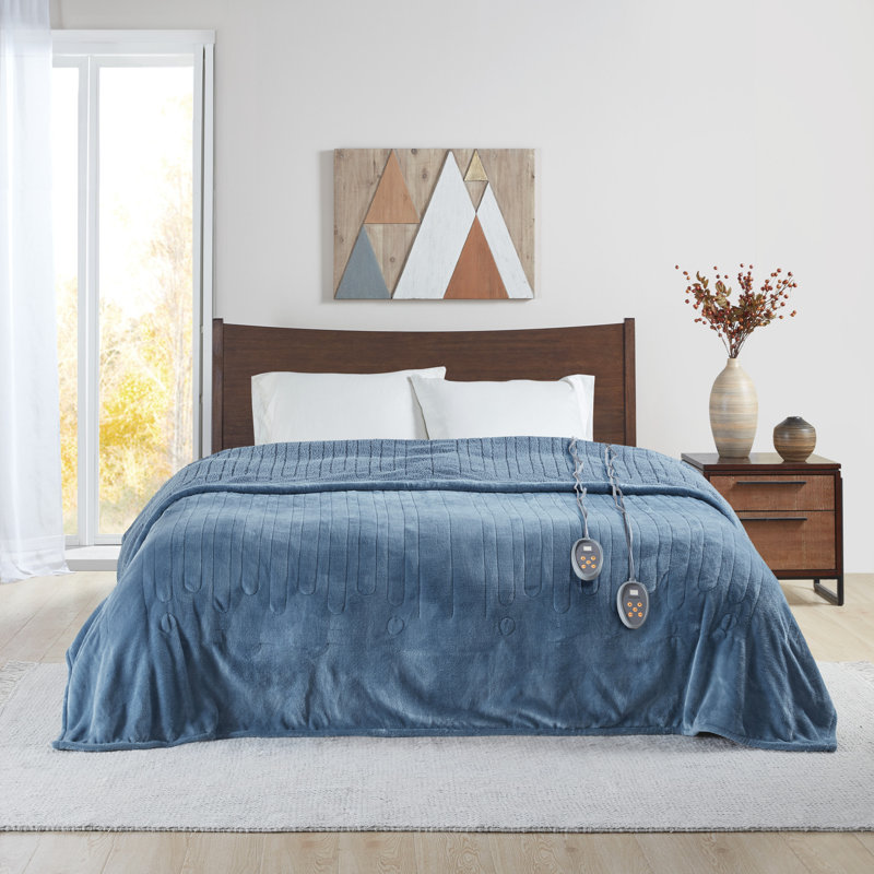 Twin Blue Reversible Plush Heated Blanket