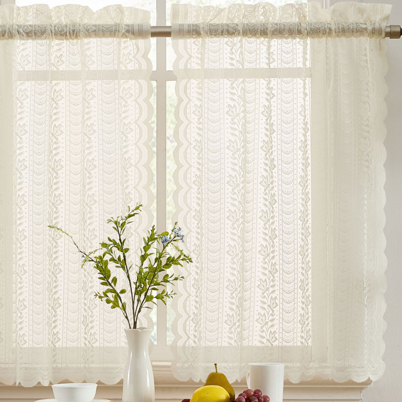 Nikole Floral Rod Pocket Lace Semi Sheer Voile Short Cafe Tiers for Small Windows - Set of 2, 28" W x 36" L, Ivory