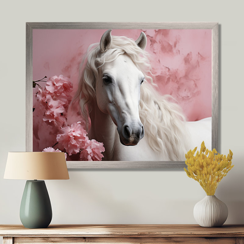Cheval rose blanc doux beauté - art mural cheval, H 12 po x l 20 po x P 1 po, Cadre flottant brun