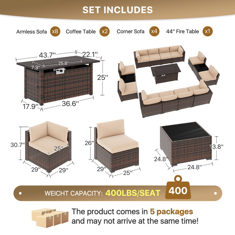 Melisandra Polyethylene (PE) Wicker 12 - Person Seating Group with Cushions and Fire Pit, Brown, Beige