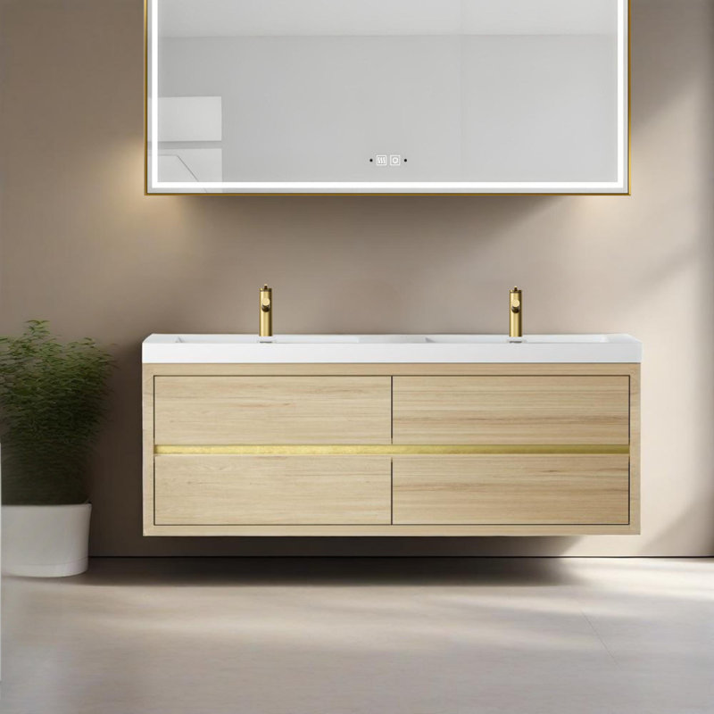 Armoire de rangement murale 60 po avec comptoir en résine de pierre et tiroirs à fermeture en douceur (pré-assemblé), Beige