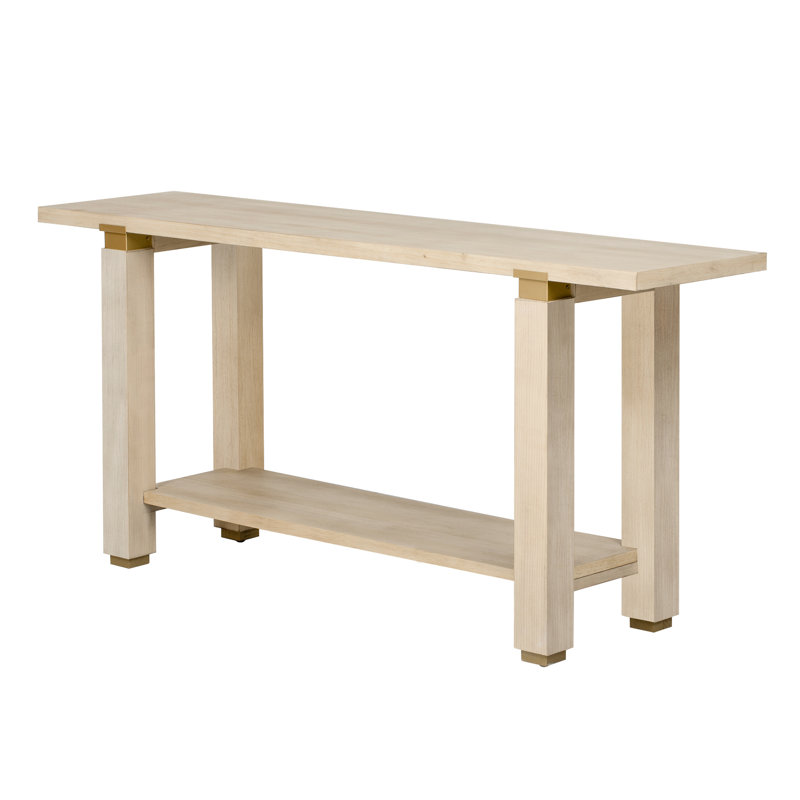Table de hall d'entrée moderne, pieds en bois massif, détails géométriques en métal, tablette de rangement inférieure, 3 teintes en U, rangement ouvert en fer de pin de 12,5 po de large, tons attrayants