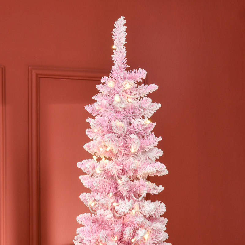Arbre de Noël artificiel enneigé avec forme de crayon, branches réalistes en pin, lumières DEL chaudes, ouverture automatique, rose et neige