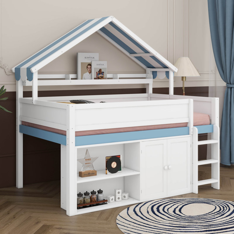 Full Size Low Loft Bed With Canopy Roof, Loft Bed With Storage Cabinet, Open Shelves & Roof Design, House Shaped Bed Frame