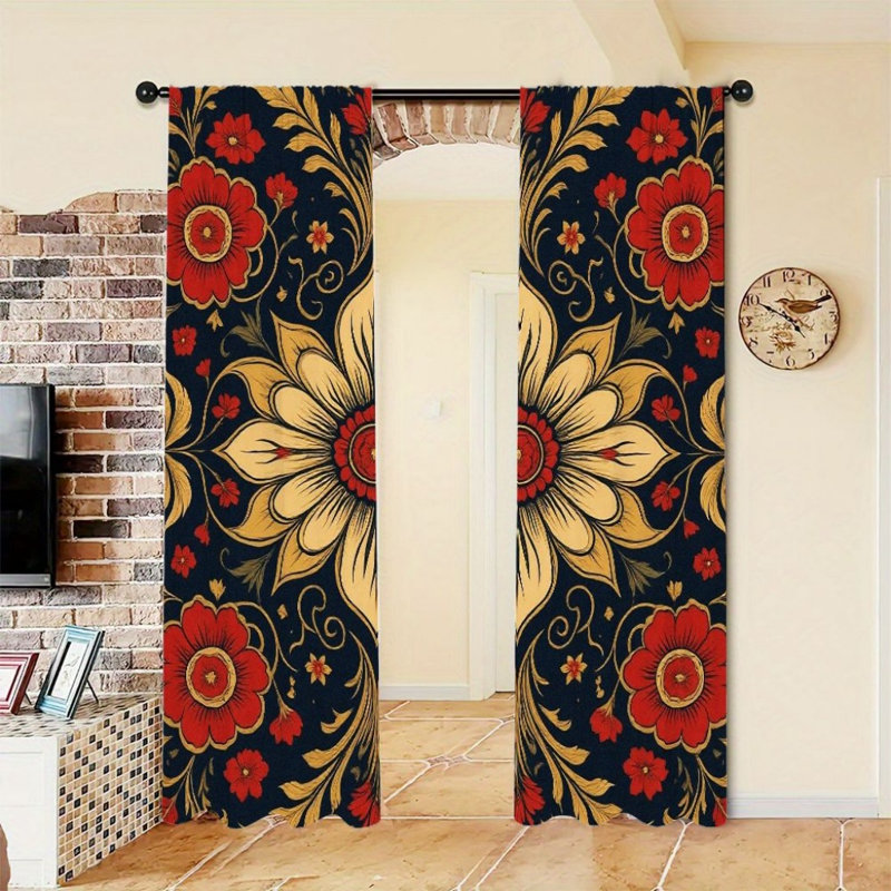 2Pcs Bohemian Floral Curtains, Red Gold Flower Pattern, Rod Pocket Window Drapes, Elegant Vintage Style, Living Room Bedroom Study Window Decor