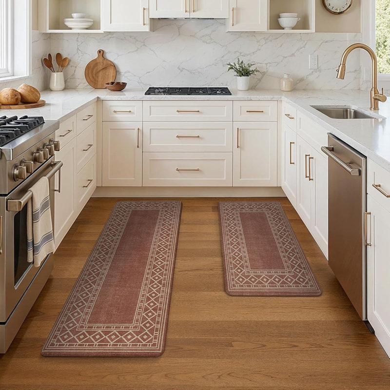 Tapis de cuisine imperméable anti-fatigue anti-dérapant, Tapis de couloir 1 pi 5 po x 4 pi 11 po, Rouge / Blanc