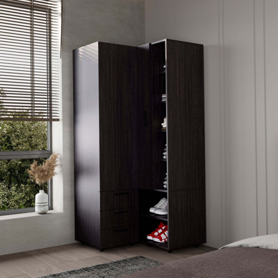 Armoire fonctionnelle en wengé avec rangement ouvert et deux tiroirs pour une organisation efficace des objets du quotidien et de la décoration
