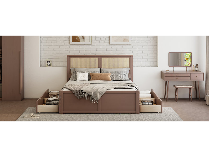 Lit plateforme en bois avec 4 tiroirs et tête de lit en rotin, Noyer, Lit double