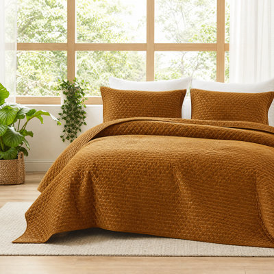 Ensemble de courtepointe 3 pièces pour lit king, couleur caramel doré, couvre-lit léger en velours côtelé toutes saisons, 2 taies d'oreiller, couleur caramel doré