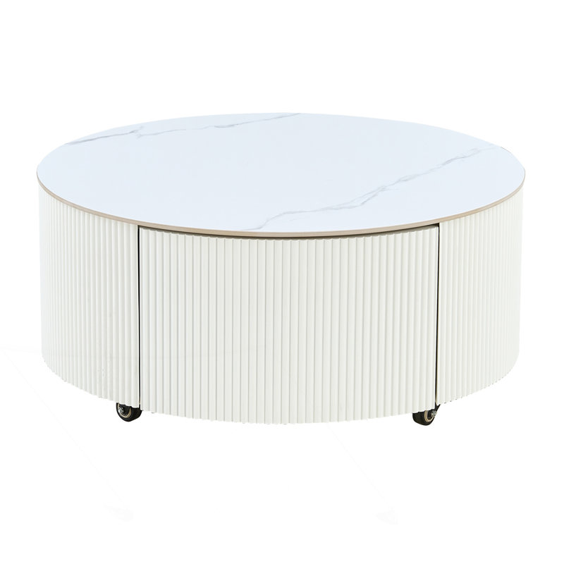 Table basse ronde moderne mobile avec roulettes et 2 tiroirs, Blanc