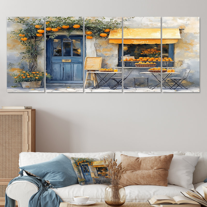 Café français dans des tons jaunes et bleus - ensemble d'art mural café français, H 28 po x l 60 po