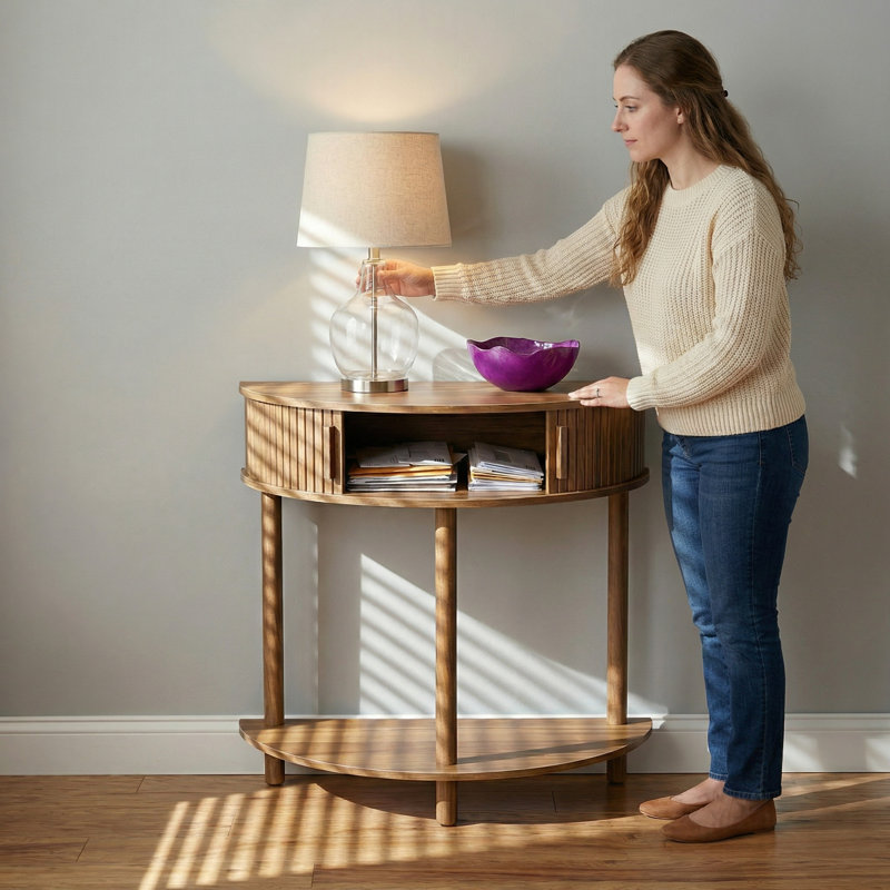 Half-Moon Console Table with Storage Shelf & Solid Wood Legs, Modern Entryway Sofa Table for Living Room Hallway