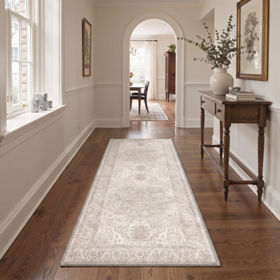 Tapis de couloir oriental traditionnel ivoire/beige, performant, à poils courts, lavable et antidérapant