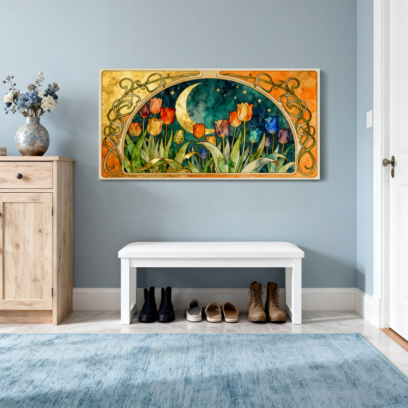 Mode, tulipes, lune et étoiles, cadre artistique, H 16 po x l 32 po