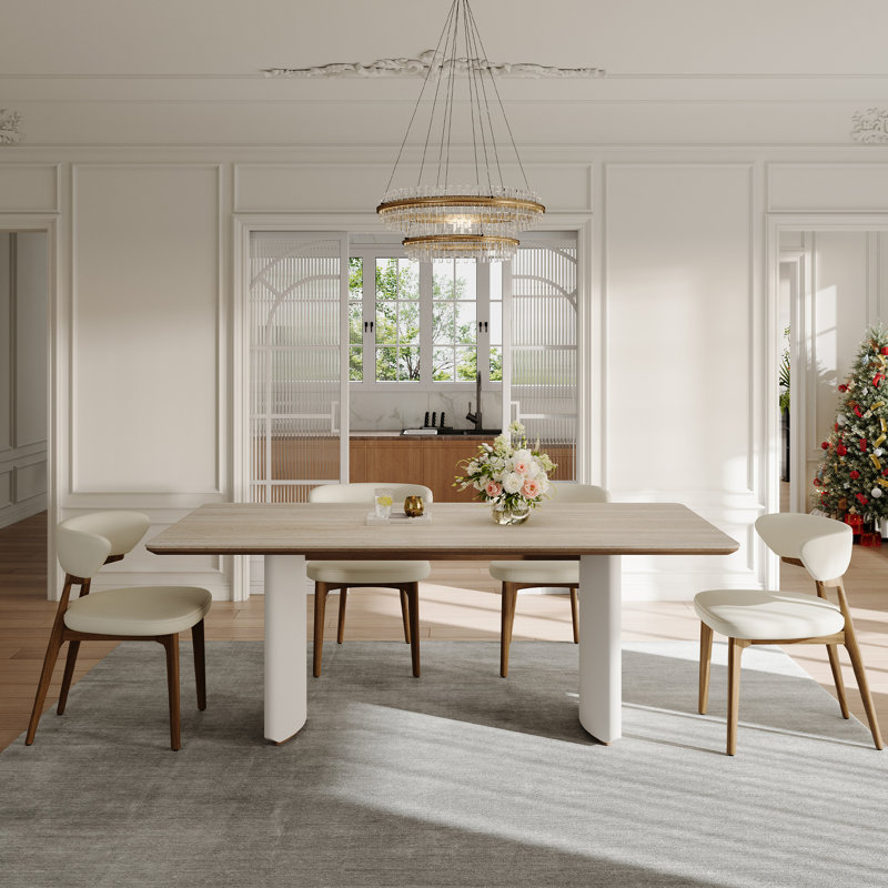 Howze 63" Modern Retangular Beige Dining Table Set With 4 Faux Leather Dining Chairs,