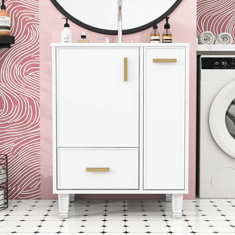 Meuble-lavabo de salle de bain avec lavabo, tablette de porte et tiroir, Blanc