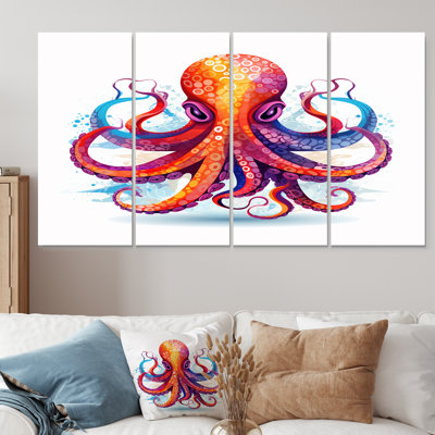 Ravenous Red Octopus Watercolor - Octopus Animal Wall Art, ensemble de 4 pièces