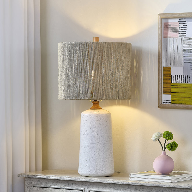 Amarchand 24 in. White Traditional Dimmable Ceramic For Bedroom/Living Room Bedside Desk Nightstand Single Table Lamp With Rattan Empire Shade