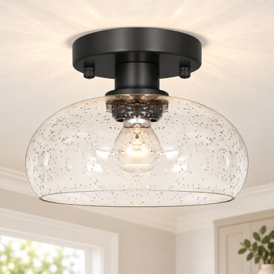 Plafonnier semi-encastré noir de 20 cm (8 po) à une lumière avec abat-jour en verre bullé
