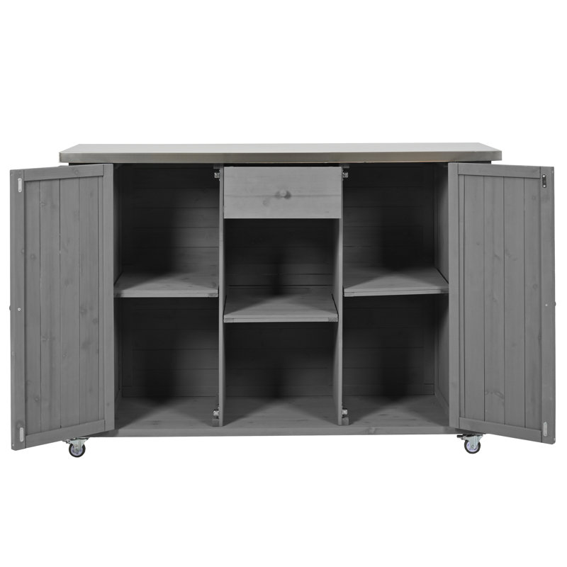 Grey Outdoor Kitchen Island With Foldable Stainless Top, Solid Fir Wood Storage Cart, Bottle Opener And Wheels