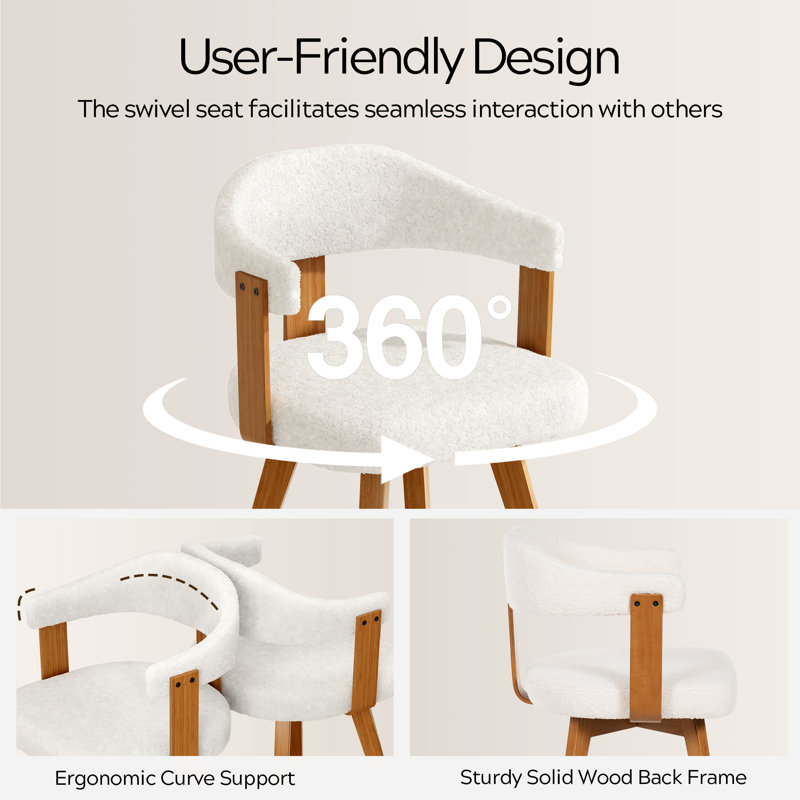 Set Of 6  Swivel Boucle Dining Chairs With Arms And Wood Legs