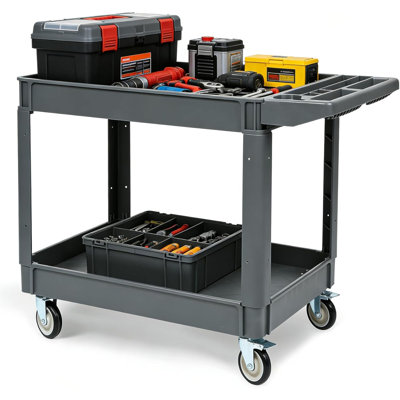 Chariot utilitaire à 2 niveaux avec roues, chariot roulant en acier robuste de 330 lb avec 2 tablettes, rangement pour outils pour le garage, l'atelier, l'entrepôt et l'utilisation commerciale