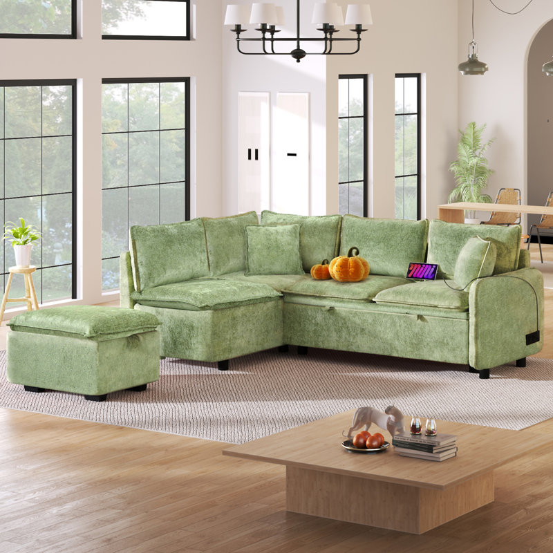 Canapé-lit modulaire convertible en L 82,67 po avec repose-pieds et rangement, Chenille verte