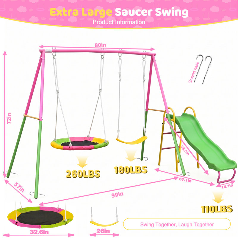 XNS107 - Ensemble de deux balançoires avec glissade bleu et rose pour aire de jeux extérieure pour enfants