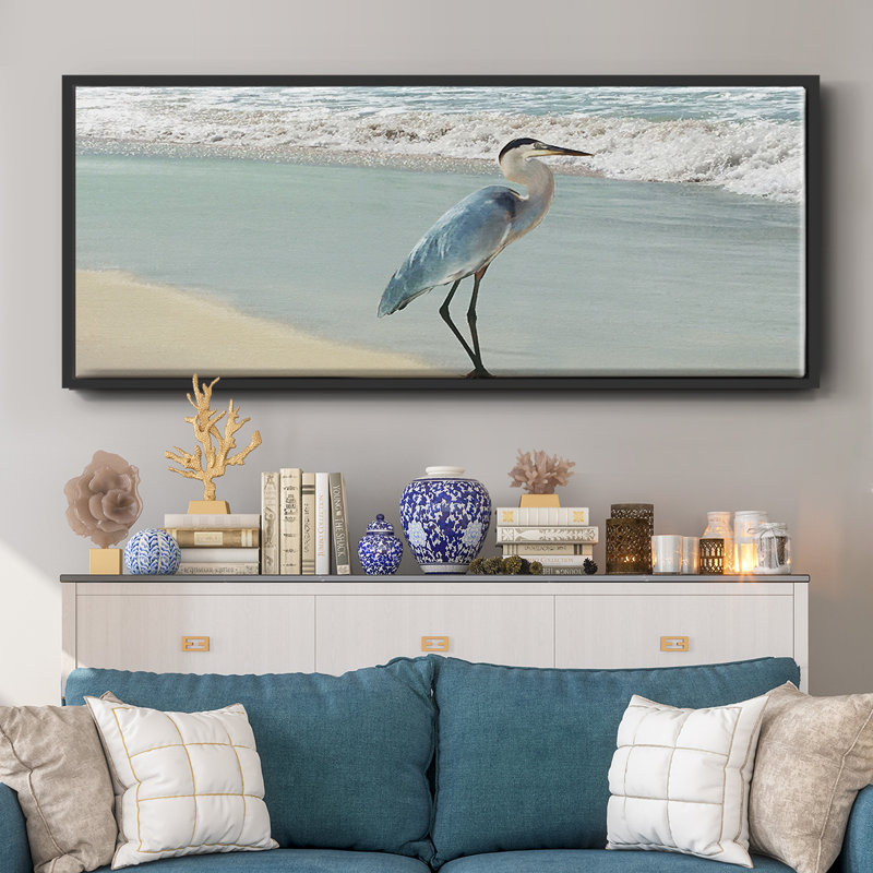 Beach Set Heron- Framed Canvas, 12" H x 30" W