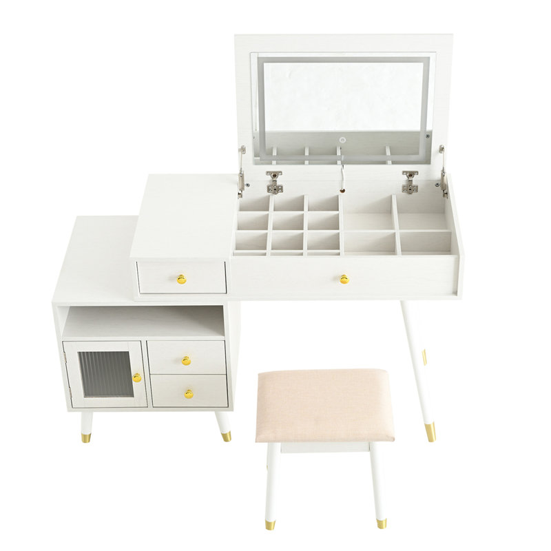 Bureau de coiffeuse 3-en-1 avec miroir basculant éclairé et armoire réglable