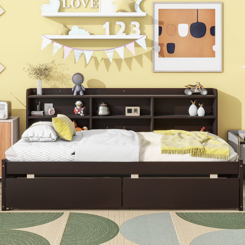 Bed With Side Bookcase and Drawers for Living Room Bedroom, Twin, Espresso