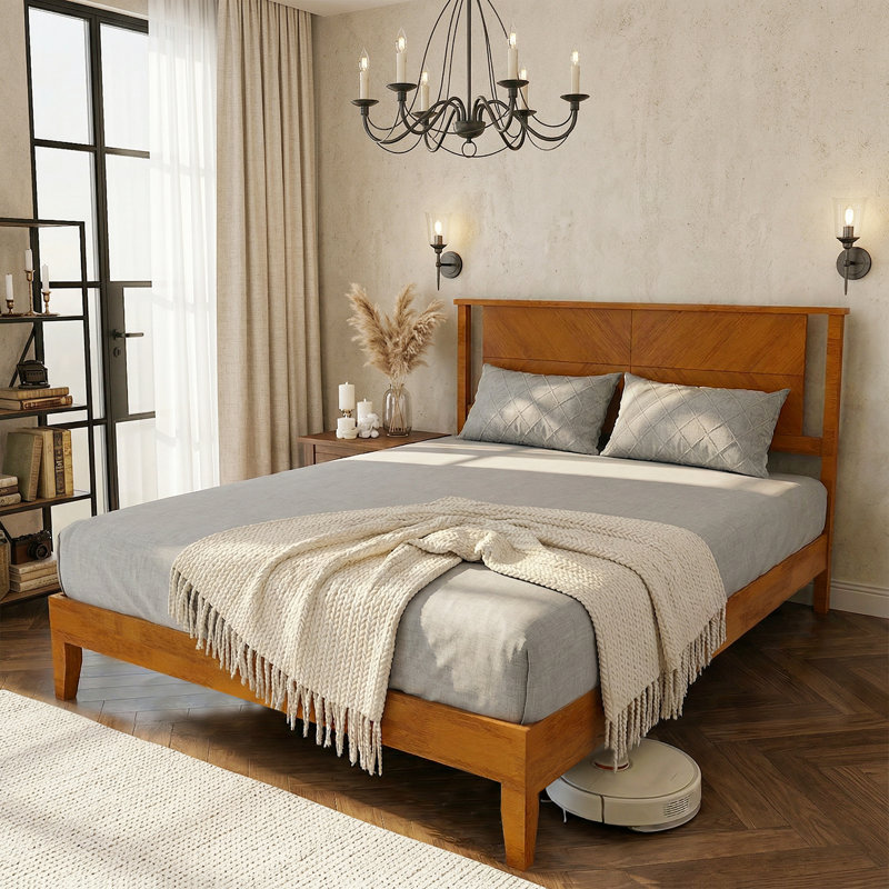 Queen Size Deluxe Bed Frame With Headboard With Solid Wood, No Box Spring Needed,  Easy Assembly, Rustic Golden Brown, Brown