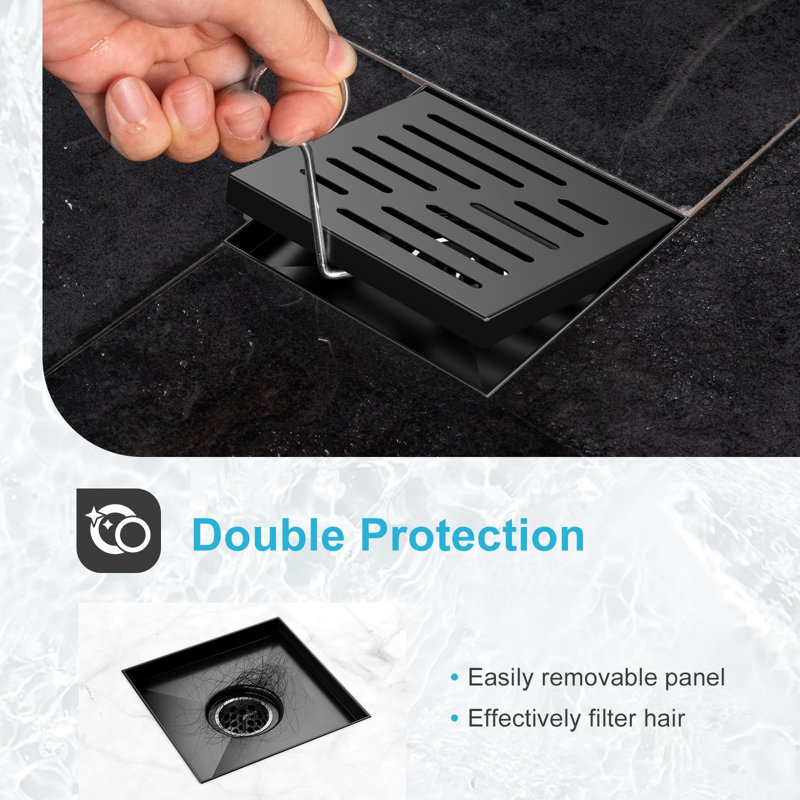 6 Inch Square Shower Drain, Matte Black