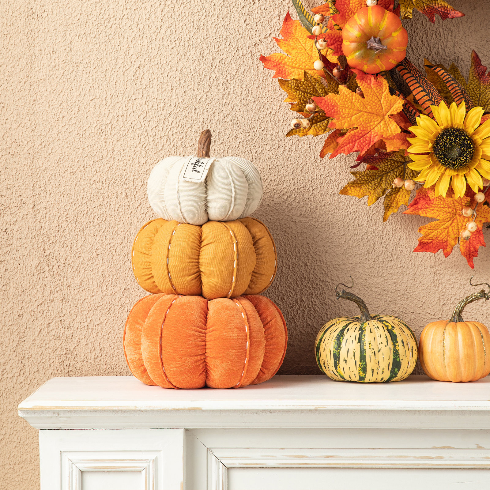 Handmade 13" H Polyester Stacked Pumpkin Accent