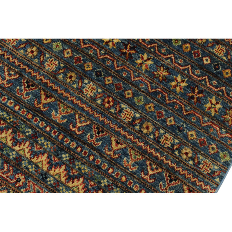 Tapis bleu / beige en laine noué à la main à motif sud-ouest Cartley 4 pi 9 po x 6 pi 8 po Cartley