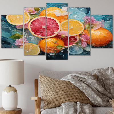 «Tropical Citrus III», art mural sur toile de fruits - 5 panneaux