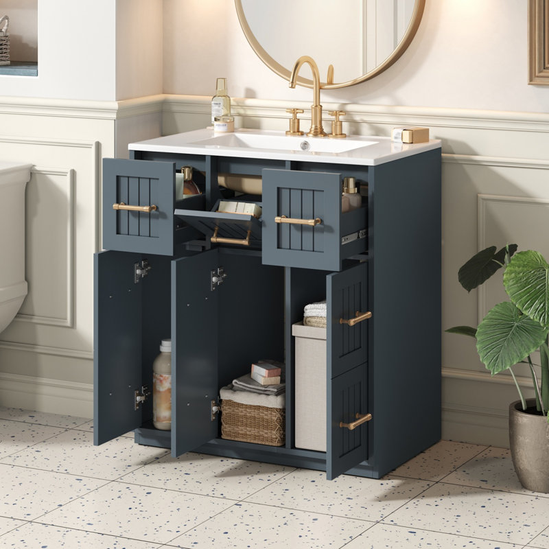 Meuble-lavabo 30 po avec lavabo encastré, portes à fermeture en douceur et tiroirs, Bleu / doré