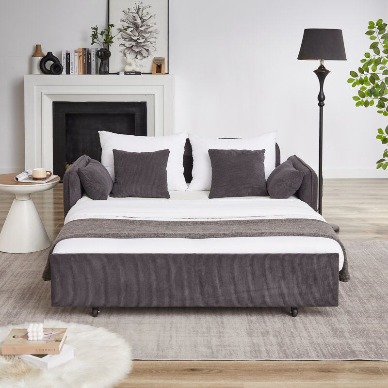 Corduroy Fabric Adjustable Sleeper with Pullout Bed 4 Pillows and Side Pockets, Black Corduroy