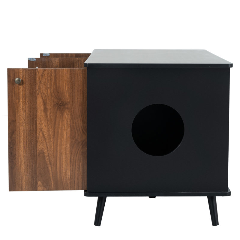 Litière pour chat avec tablette, 3 portes, - taille trou, plateau de table rond, noir et noyer