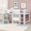 Lit mezzanine double en bois avec armoires de rangement intégrées, tablettes, bureau et tableau blanc