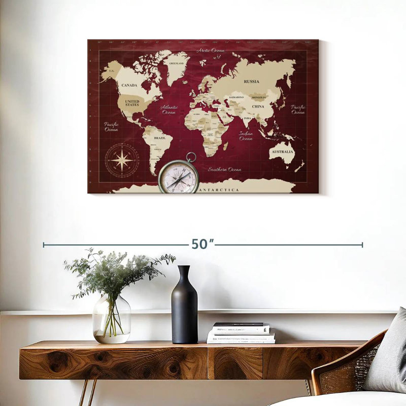 Aliaz Red Longitude World Map, 24" H x 36" W