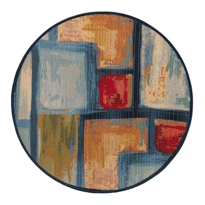 Tapis intérieur / extérieur bleu à motif géométrique Merrimac, Rond de 2 pi 7 po