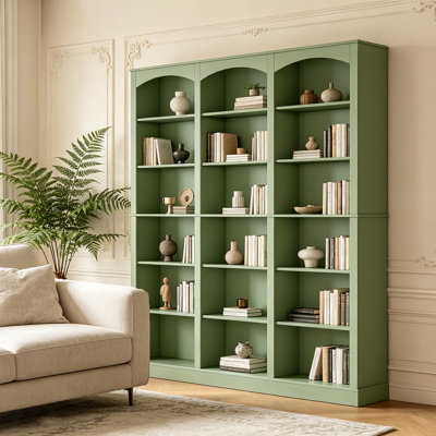 Bibliothèque triple triple, grande bibliothèque à 6 niveaux avec déflecteur incurvé, 18 tablettes ouvertes